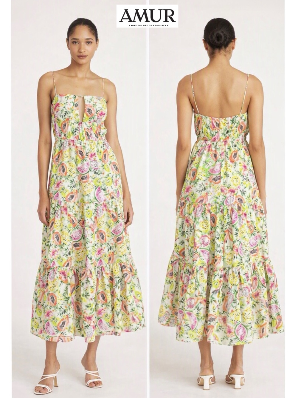 AMUR Tropical Fruit Tiered Midi Dress Natural Jungle Print Size 4 Cottagecore